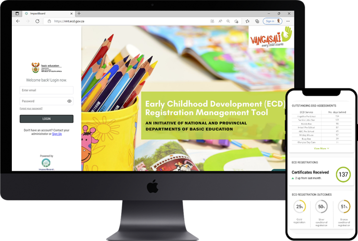 The ECD Registration Management Tool shown on desktop and mobile: a branded login screen and a dashboard with outstanding DSD assessments, certificates received and registration outcomes